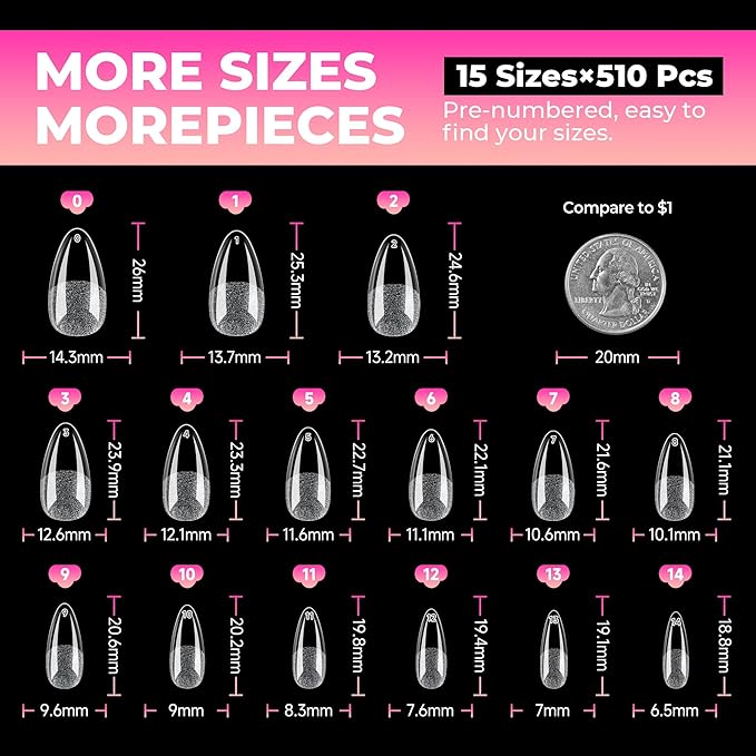 UNA GELLA Almond Nail Tips: 510Pcs Almond Gel Nails Tips 15 Sizes Pre-Etched Full Cover Almond Clear Press on Nails Acrylic False No C Curve Nail Tips for Press on Nail Extensions Home DIY Salon