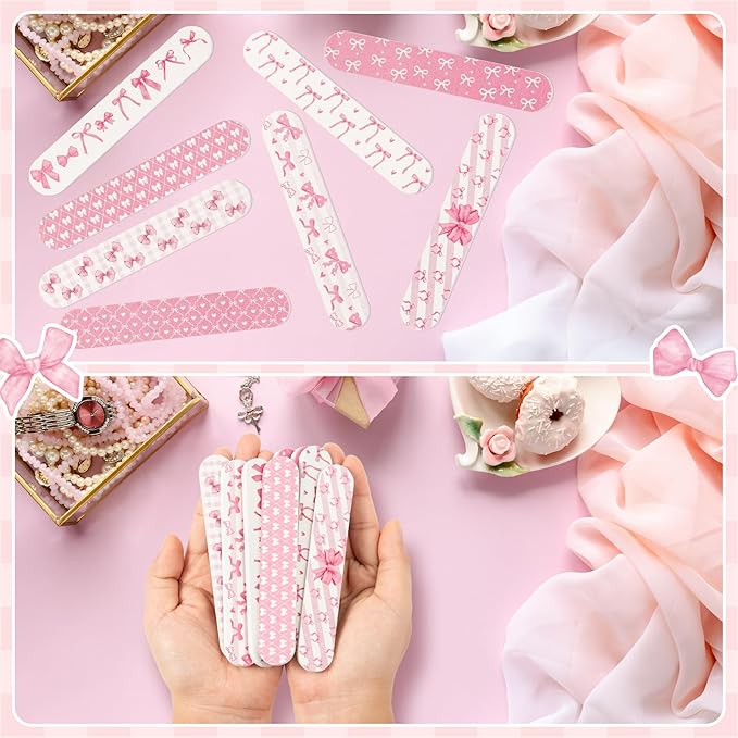 H1vojoxo Coquette Pink Bow Nail Files - 48pcs Coquette Pink Bow Double Sided Emery Boards for Girl’s Birthday Gifts Spa Party Emery Boards for Women Employee Coworkers Staff Wedding Party Nail Files