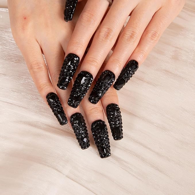 LOVFUL Press on Nails Classic Black Rhinestone | Handmade with Full Covered Crystals | Reusable Full Cover Nails | Coffin Classic Regular 1.3 in | H146-S