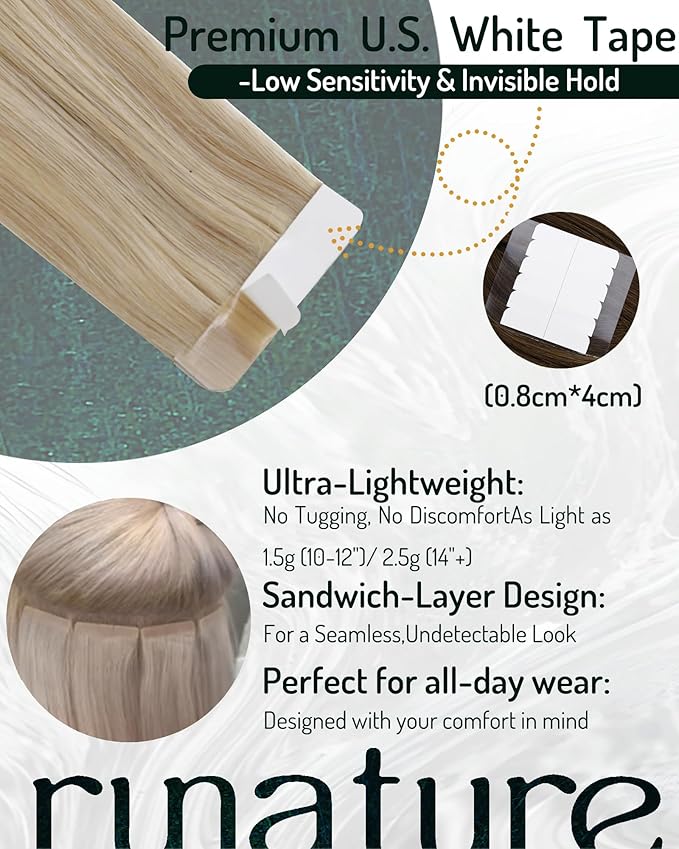 RUNATURE Tape in Human Hair Extensions Blonde Straight Human Hair Tape in Extensions Golden Blonde Mix Light Blonde Tape in Hair Extensions 16 Inch Soft Hair Extensions Tape in Blonde 50g 20pcs