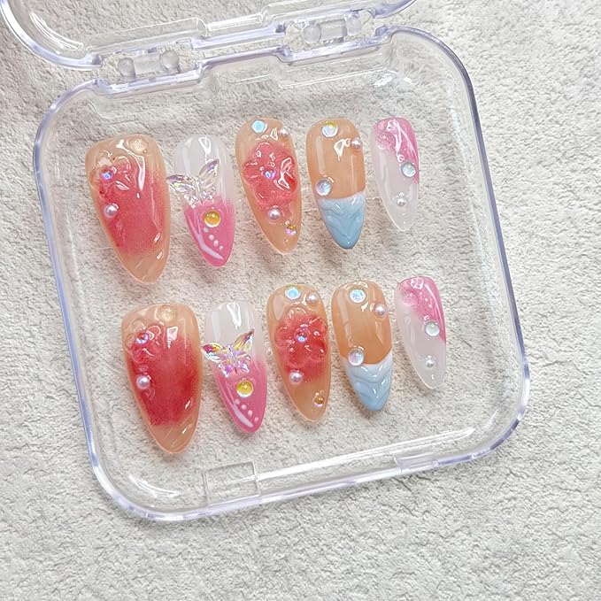 French Press on Nails Handmade Almond Nails with Glue,Nude Medium Fake Nails with 5D Flower Art ＆ Pearl Design Muti-Layer Gel Handmade Nail Acrylic Nature False Nails for Wome (Size S)