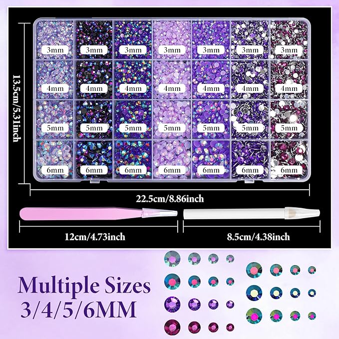 22300Pcs Flatback Purple Rhinestones for Bedazzling, 3mm-6mm Jelly Bedazzling Resin Gems, Purple Gems AB Bedazzling Kit for Crafting Nails Face Makeup Crafts Tumblers