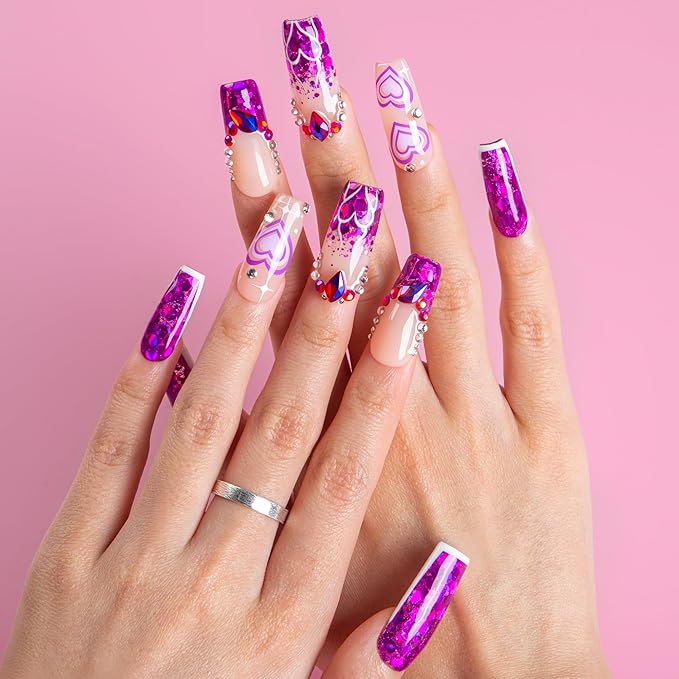 LOVFUL Valentine's Press on Nails Violet Riot | Handmade Acrylic Press ons | Reusable Fake Nails | Square Classic Regular 1.3 in | H734-S