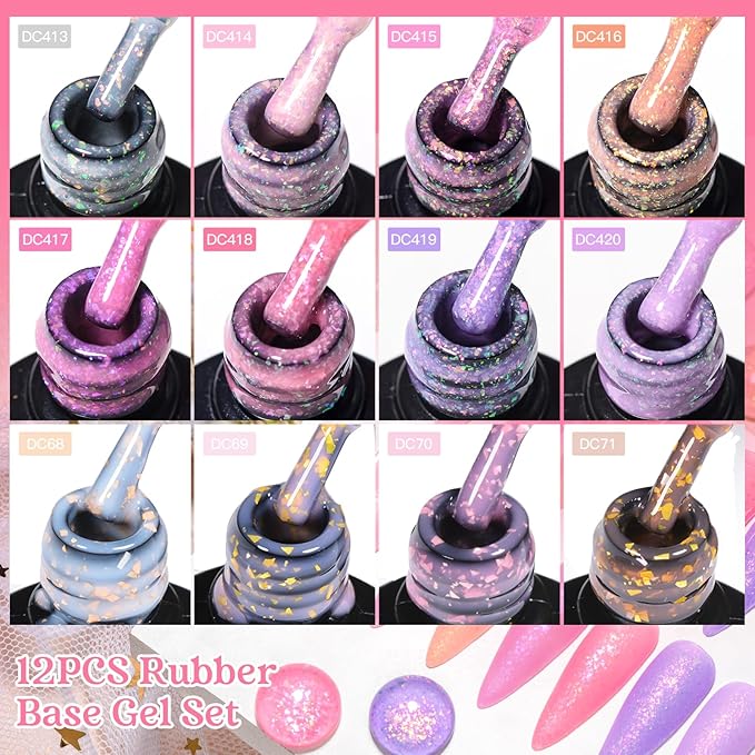 MTSSII 12 Pcs Rubber Base Gel for Nails, Jelly Gel Nail Polish Set Nude Pink Neutral Transparent Milky White Sheer Pink Gold Foil Cloud-pattern Brocade Strengthen/Enhance/Base Coat/Color Gel Polish