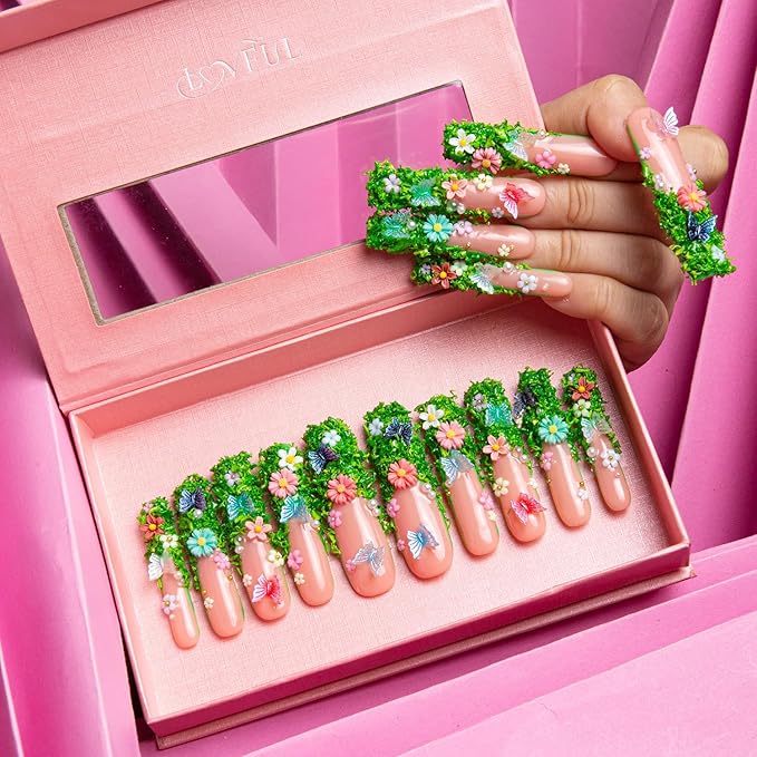 LOVFUL Press on Nails Fairy Tale Garden| Handmade with Full Covered Crystals | Reusable Fake Nails | Square Long 2.2 in | H151-M