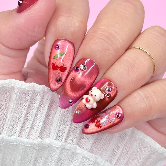 Daily Charme Red Cherry Coquette Bow Nail Art Sticker Bundle, Cute 3D Nail Art with Red Rhinestones for Cute Valentine's Day, Spring, Summer Nails