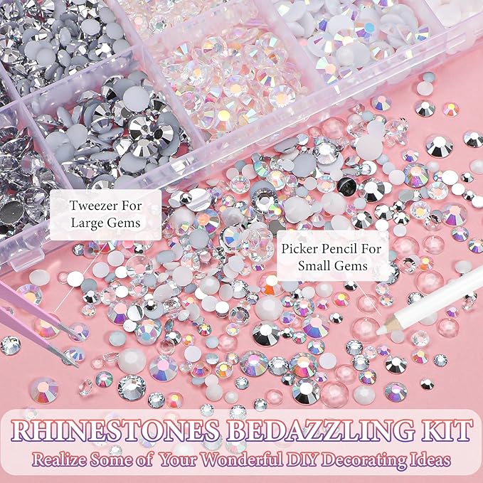 22300Pcs Silver White Rhinestones for Bedazzling, Mix Sizes Jelly Bedazzling Resin Gems, White Gems Bedazzling Kit for Crafting, Flatback Rhinestones for Nails Face Makeup Crafts Tumblers