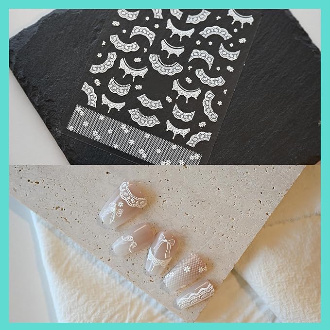White Bow Lace Nail Art Stickers 5D Embossed Pearl Nail Decals for Nail Art Design Self-Adhesive Nail Accessories for Women Nail Art Supplies 3 Sheets