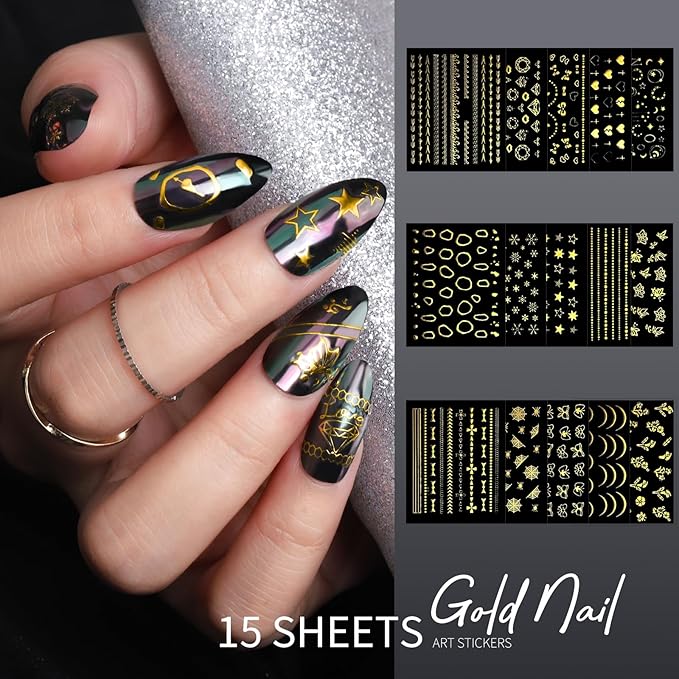 Teenitor Nail Charms Nail Gems with 15 Sheets Gold Nail Stickers, 6 Boxes of Rhinestones for Nails Art Tools, 3D Nail Decals Pearls for Nails