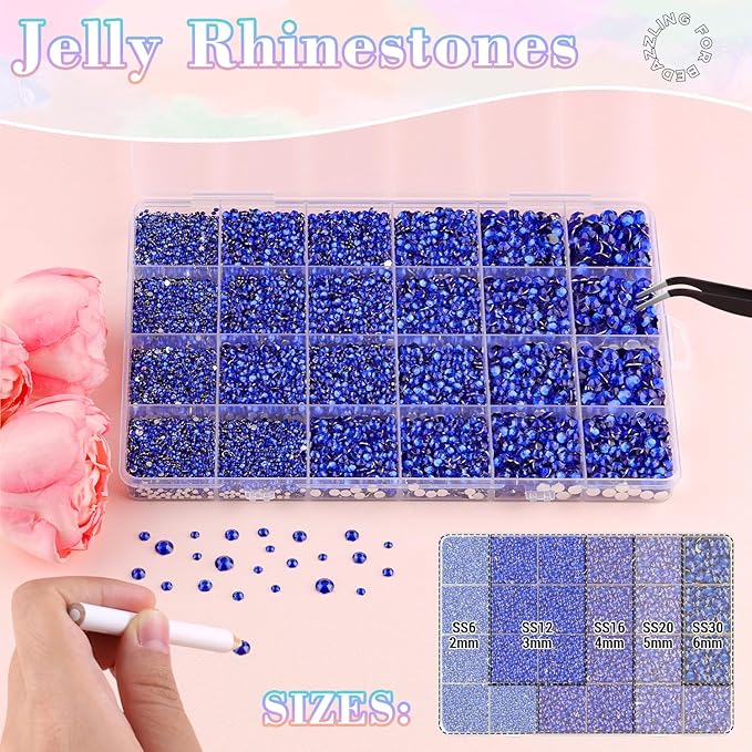 25000Pcs Resin Rhinestones with B7000 Jewelry Glue for Crafting, Royal Blue 2-6mm Non Hotfix Flatback Gems, Bedazzling Crystal for DIY Crafts Clothing Tumblers Mugs Shoes Fabric Decor Nail Art