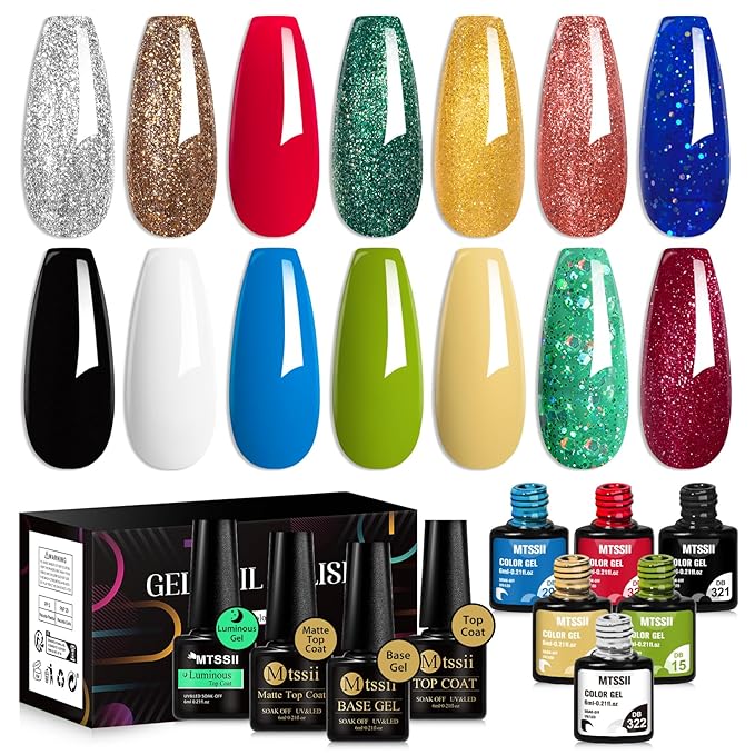 MTSSII Christmas Gel Nail Polish Set 18pcs Reflective Glitter Gel Polish Kit with Gel Top Coat Top Coat Gel Nail Polish Blue Red Green Polish Nail Art Design DIY Gift for Girls Women