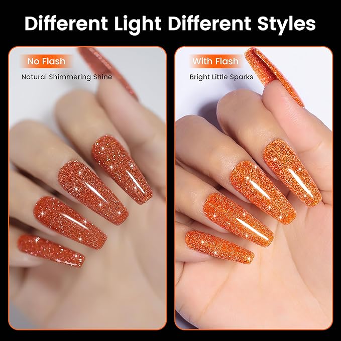 YTD Likomey Colorful Reflective Glitter Gel Nail Polish,15ml Orange Flash Diamond Shimmer Nails Gel,Sparkly Shiny Salon Home Fall Winter Manicure UV Varnish,SZ394