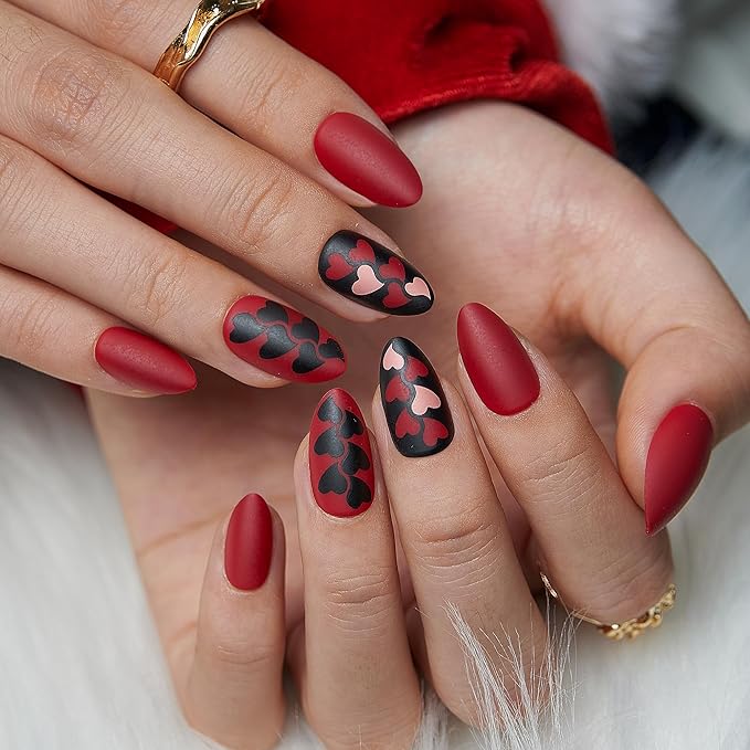 CurvLife Medium Almond Press On Nails – 30Pcs Soft Gel Dark Passion Matte Red Fake Nails, Reusable Glue On Nail Kit with Adhesive Tabs, Natural Fit & Salon-Quality for Women & Girls