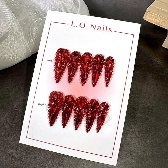 Long Almond Press on Nails Handmade Fake Nails Sparkly Red Rhinestones Full Cover False Nails with Designs Luxury Reusable Stick on Nail for Women 10Pcs(Size M)