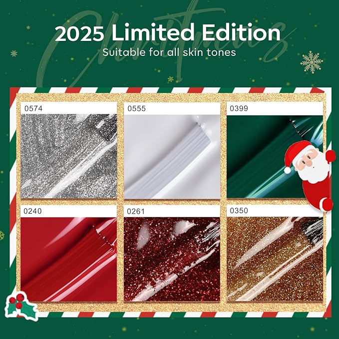 modelones Christmas Gel Nail Polish Set, 6 Colors Winter Red Glitter Dark Green White Gold Silver Gel Polish Kit Soak Off Nail Art Manicure Home Gift for Women Girls