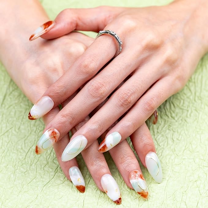 10 Pieces Handmade Press On Nails Medium Almond, Green And WhiteThickened False Nails With Gold Thread Embellishment, Reusable Fake Nails Almond, Reusable Acrylic Nails (S)