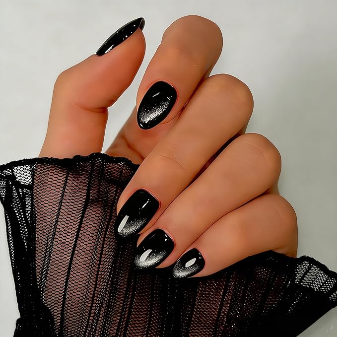 Cat Eye Press on Nails Short, Chrome Press on Nails Oval, Thick Glazed Dark Black Fake Nails Press ons for Women, Reusable Magnet Bling Glitter Glue On Nails Almond in 15 Sizes, 30 Pcs