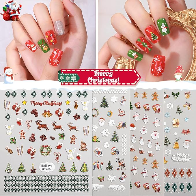 8 Sheets Christmas Nail Art Stickers Decals 5D Embossed Self-Adhesive Pegatinas Uñas Navidad Snowflake Santa Claus Snowman Reindeer Winter Holiday Manicure Decoration Supplies Accessories for Women