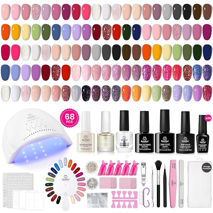 Beetles Gel Nail Polish Kit with U V Light - 68Pcs Gel Nail Kit 35 Colors Outfits Collection Red Pink Blue Polish Set with Nails Manicure Tools for Beginners DIY Home Salon Gifts for Women Teen Girls