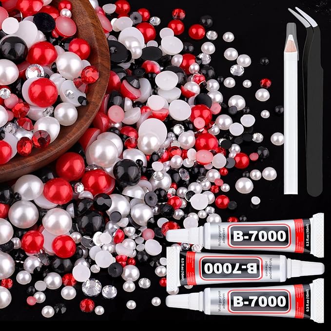 80g Flatback Pearls and Rhinestones for Crafting, Red White Black 3-10mm Resin Rhinestones and Half Pearls for Bedazzling, Nail Art and Dec with 3pcs 10ml B7000 Jewelry Glue, Tweezer and Pickup Pencil