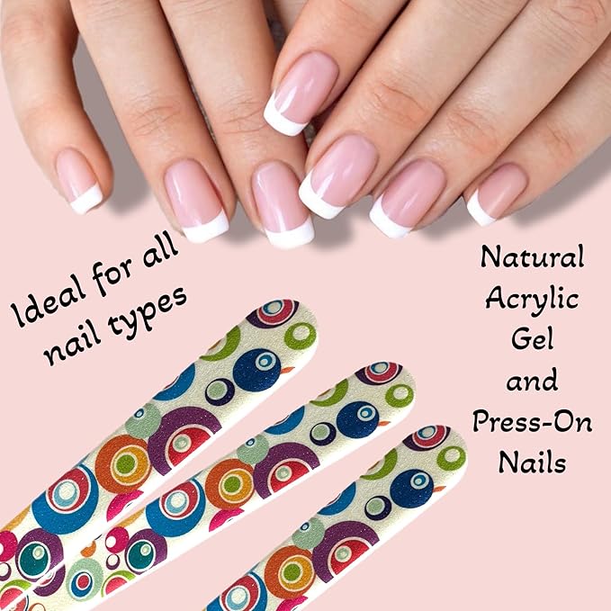 ALAZCO Set of 12 Dual-Sided Nail File Emery Board Heavy Medium Grit Cushioned Washable Easy Grip Comfortable Filing Smoothing Finishing Nails 6.5” Travel TSA Approved (Retro Circles)