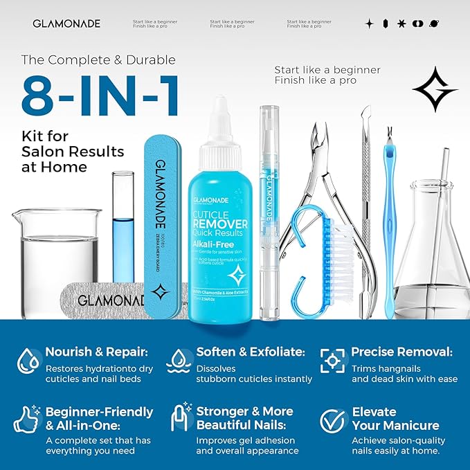 Complete Cuticle Remover Kit – Fast & Gentle Professional Cuticle Care Set w/Remover Gel & Oil Pen, Cuticle Nipper, 2 Pushers, Nail Brush, File & Buffer for Manicure Pedicure, DIY