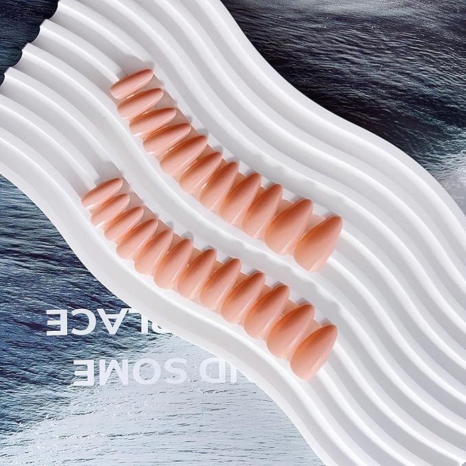 Coral Press on Nails Almond Shaped Medium Almond Nails Press on Neutral Acrylic Nails Reusable Fake Nails for Women Girls, Glue on Nails Medium Length Stiletto False Nails Gel Artificial Nails