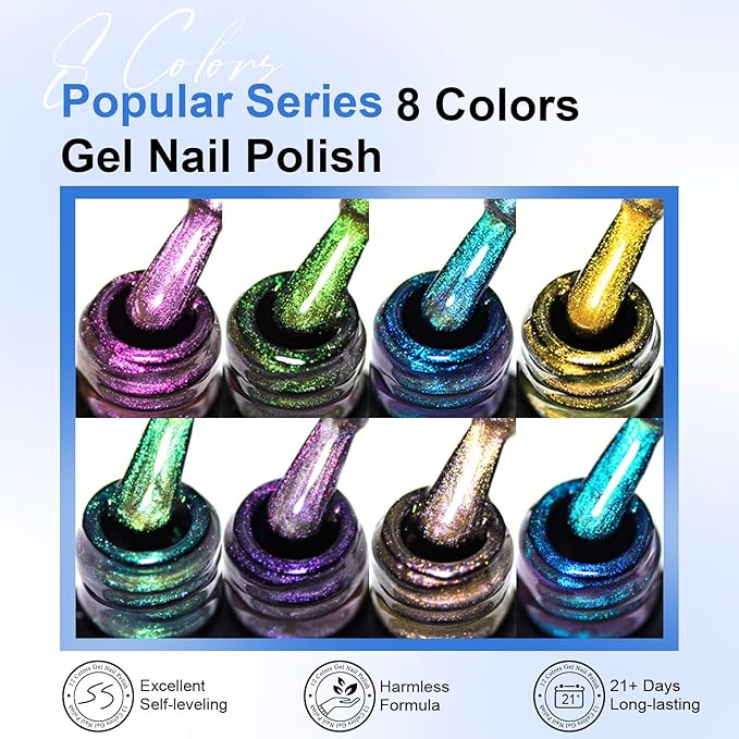 MEET ACROSS 12 Pcs Cat Eye Gel Nail Polish Set, Blue Tears Auroras Magnetic Gel Polish, Blue Pink Yellow Purple Glassy Glitter Holographic Nail Polish with Base Top Gel for Nail Art Manicure Salon DIY