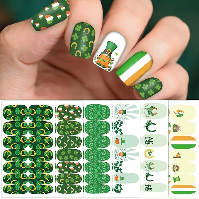 TailaiMei 12 Sheets St. Patrick’s Day Nail Wraps, Luck of The Irish Adhesive Nail Art Stickers Full Wraps Strips with 2 Pcs Nail Files for DIY Shamrock Nail Decals