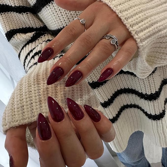 Burgundy Red Press on Nails Almond Shaped Medium Almond Nails Press on Neutral Acrylic Fake Nail for Women Reusable Glue on Nails Medium Length Stiletto False Nail