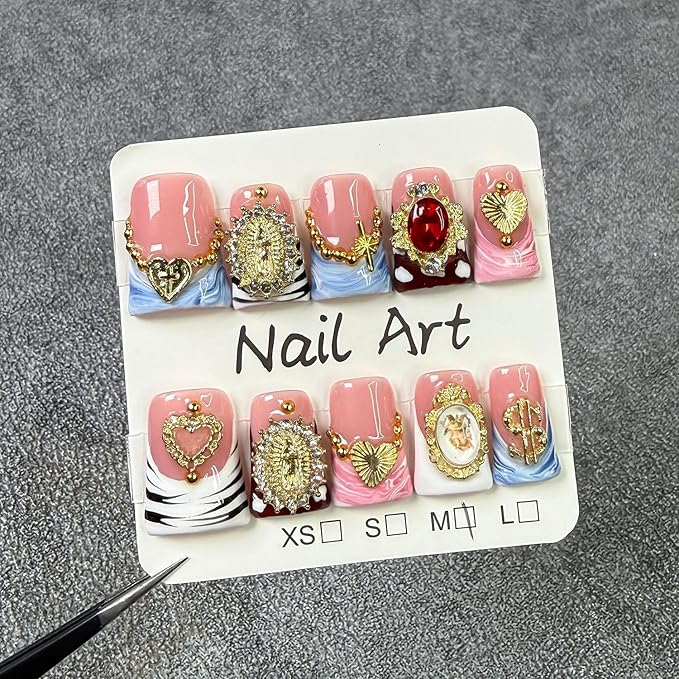 Handmade French Tip Press on Nails Short Duck 3D Thick Acrylic Nails Baroque False Nails with Rhinestones Oil Painting Designs Luxury Royal Fake Nail Sturdy Art Press on Nail 10Pcs(S)
