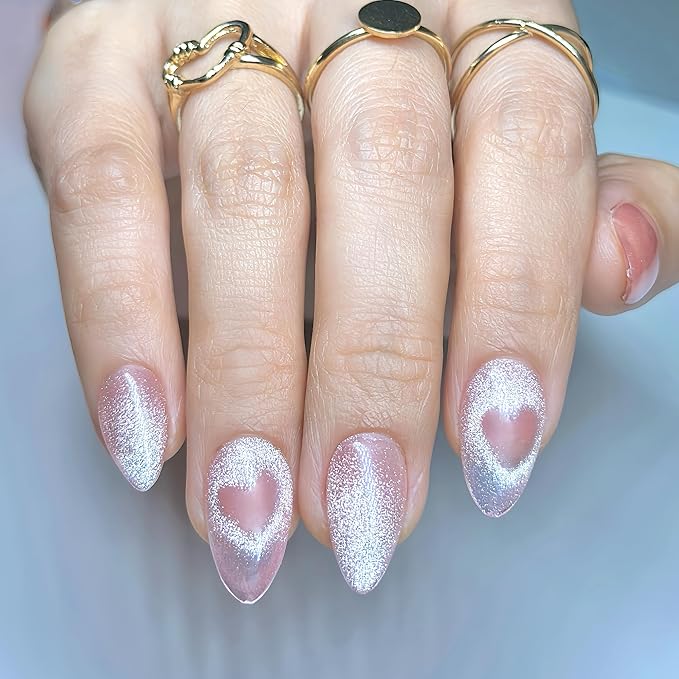 Press On Nails Short Almond Cat Eye Jelly Pink|The Heart will Sparkle as You Move.Reusable Soft Gel Nails in 15 Sizes -30 Nail Kit with Glue|Designed in L.A, Handmade in Vietnam| Whisper Heart