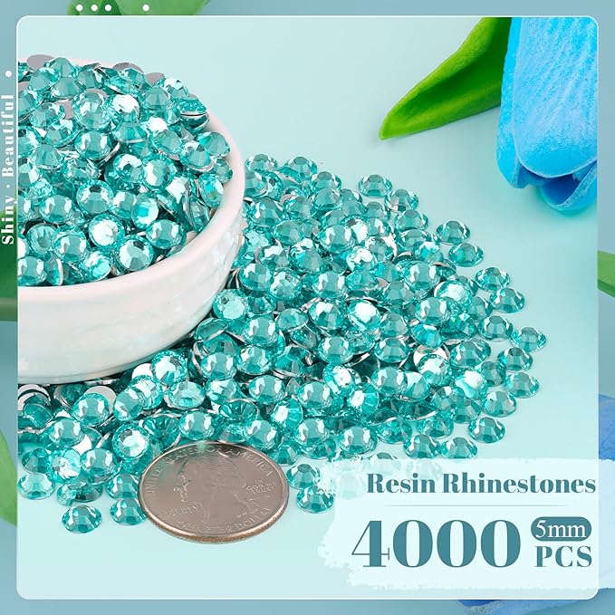 4000PCS 5mm Resin Rhinestones Bulk for Crafting (Lake Blue), Flatback Bedazzling Crystals for Crafts DIY Nail Decoration, Gems Charms for Tumbler Shoes Clothing Fabric with Pickup Pen and Tweezers