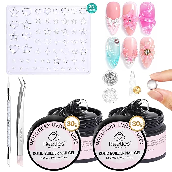 Beetles 3D Gel Nail Art & 3D Mold Pastel Playland-2 Pcs Clear Solid Builder Gels Non-Sticky Sculpting with Dual-Ended Sculpture Pen & 24 Pcs Dual Froms,Beginner Friendly DIY at Home,UV LED Lamp Needed