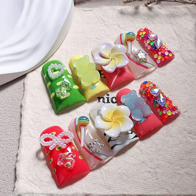 10Pcs Press on Nails Long Handmade Duck Fake Nails 3D Charms Flower False Nails with Glue Colorful Twinkle Candy Artificial Acrylic Reusable Stick on Nails for Women (Size M)
