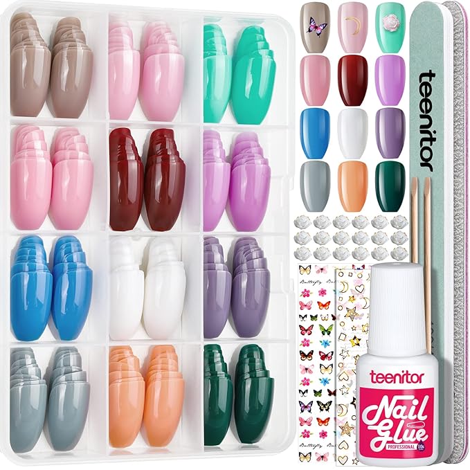 Teenitor Medium Coffin Press On Nails, 12 Color Press On Coffin Nails Set, 288pcs Glossy Glue On Nails Medium Length Press On Nails with Glue