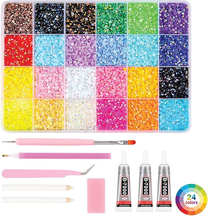 24 Colors Resin Jelly Rhinestone Bedazzling Kit, 17000Pcs Rhinestones for Bedazzling, 4mm Flatback Rhinestones bedazzle kit with 3 x 15ml B7000 Glue for Decorating Shoes Nail Book Diamond Art Crafting