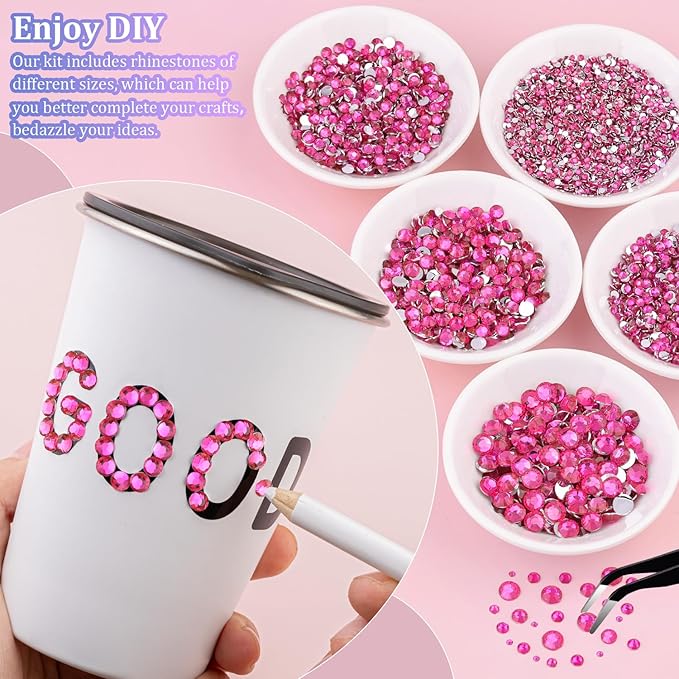 25000Pcs Resin Rhinestones for Crafting, Hot Pink 2-6mm Mixed Sizes Non Hotfix Flatback Gems with 1Pcs Glue, Bedazzling Crystal for DIY Craft Clothing Mugs Tumblers Shoes Fabric Decor Nail Art