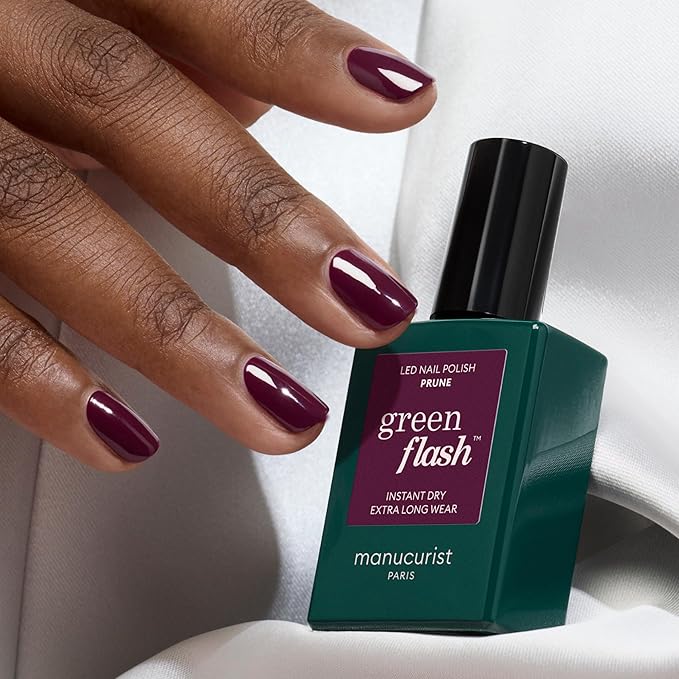 Manucurist Green Flash LED Prune - Deep Wine Red Gel Nail Polish - Vegan, 12-Free, Plant-Based - Strengthens and Protects the Nail - Gel Polish - Made in France - 0.5 fl oz