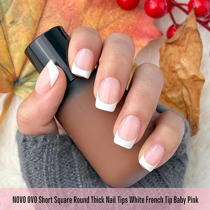 NOVO OVO Short Square Round White French Tip Nail Tips Press on BABY PINK, Extra Thick Full Cover False Fake Nails, Need Builder Gel Top Coat & Glue, for Salon DIY Acrylic Extension x 15 Sizes 240 pcs
