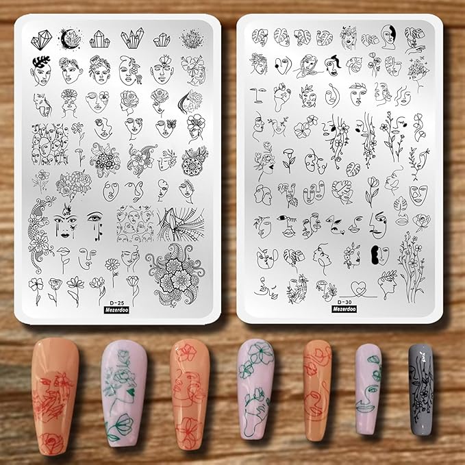 Big Size Abstract Face Stamping Plates For Nails, 2pcs Flower Leaf Nail Stamping Plates Geometric Line Wave Pattern Nail Stamp Plates Graffiti Fun Woman Face Design Nail Stencils For Nail Art Reusable