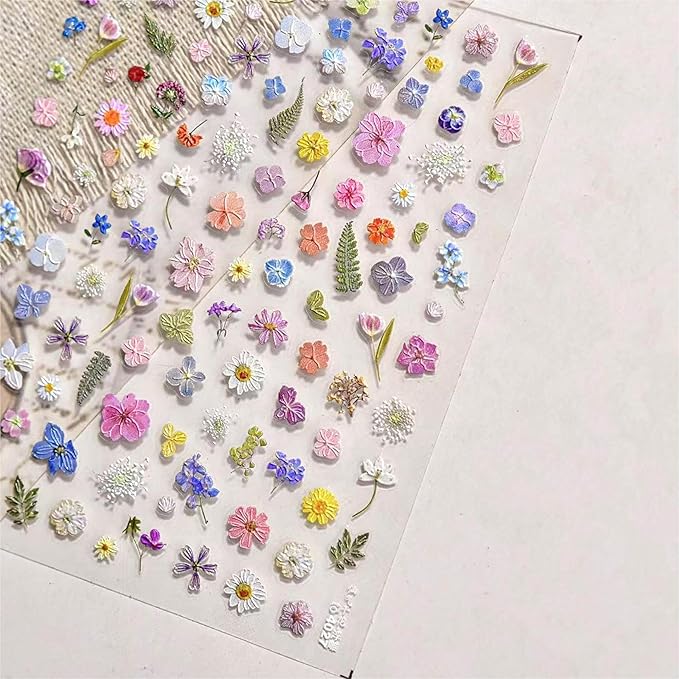 Dedyel Dried Wildflowers Nail Stickers 5D Embossed Wildflower Nail Stickers Spring Summer Red Yellow Blue White Flower Design Nail Art Decoration for Women Girls Kids