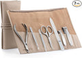 GERMANIKURE 7pc Manicure Set in Beige Leather Case - FINOX Stainless Steel Tools Made in Germany, Glass Nail Care Supplies Made in Czech Republic – Professional Cuticle and Nail Care Kit