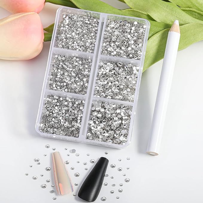 Beadsland 7200pcs Flatback Rhinestones,Clear Rhinestone Nail Gems Round Crystal Rhinestones for Crafts,Mixed 6 Sizes with Wax Pencil Kit, SS3-SS10,Crystal