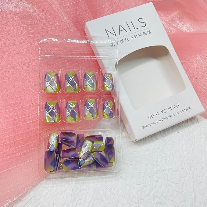 Square Press on Nails Short Fake Nails with Designs Gold Lines Stick on Nail Purple Acrylic False Nail Artificial Nail Press ons Glossy Full Cover Glue on Nails for Women 24Pcs