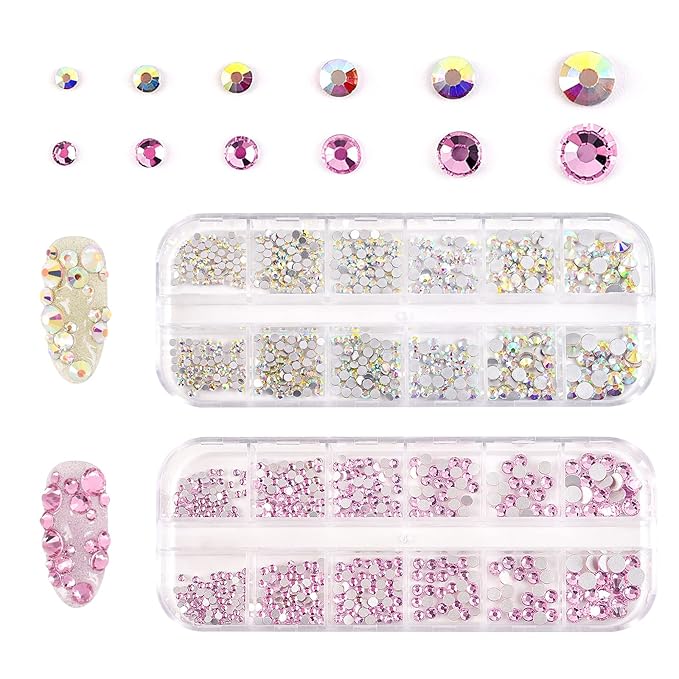 KADS Nail Crystals AB Nail Art Rhinestones 10 Colors Round Beads Flatback Glass Charms Gems Stones 6 Sizes for Nails Decoration Makeup Clothes Shoes (10 Colors+ Tweezer)