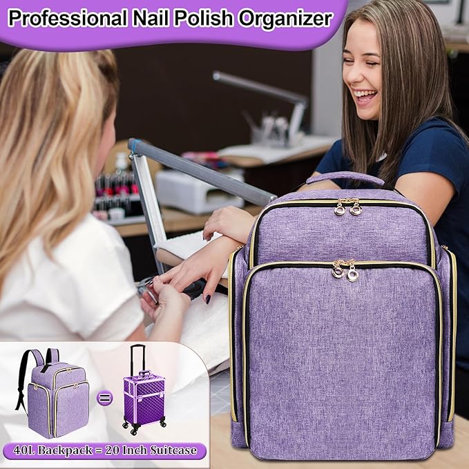 Nail Polish Organizer Backpack Holds 126 Bottles& Nail Lamp, Extra Large Nail Kit Supplies Organizer Bag with 3 Removable Cases, Portable Nail Organizers and Storage for Travel (Noble Purple)