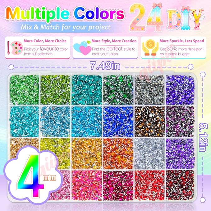 24 Color 7200pcs 4mm Crystal Resin Rhinestones for Bedazzling Crafting SS16 Flatback Stones Colorful AB Gems Diamonds for Nails Eyes Face Makeup Tumblers Bottles DIY Crafts Clothes Shoes Phones