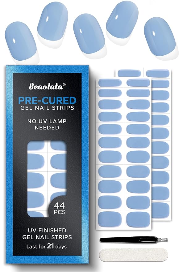 Pre Cured Gel Nail Strips - 44PCS Salon Quality Gel Nail Stickers - Long Lasting Polish Wraps for Women no UV Light Needed Easy Apply & Remove (Lily Blue)