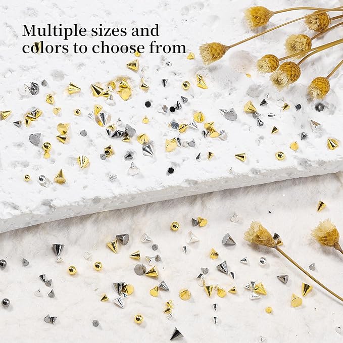 3D Mini Small Metal Stainless Steel Caviar Nail Beads Balls, 0.8-3mm Gold Silver Alloy Nail Art Chain Charms Studs with Tweezers and Dual-end Brush (17-K1-punk-metal)